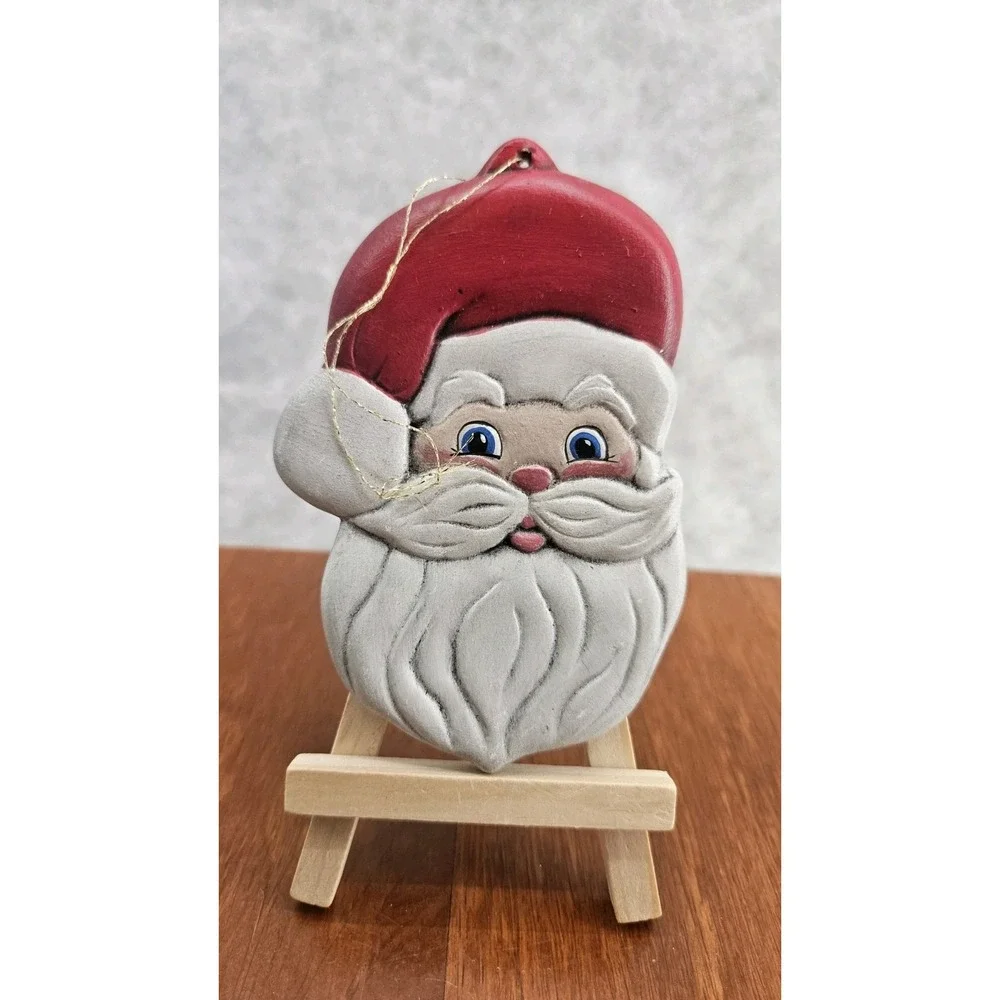 Vintage CERAMIC SANTA CLAUS Face Hand‎ Painted Art Christmas Ornament Hanging